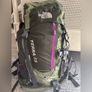 The North Face Terra 55 Olive Backpack with Pink Accents